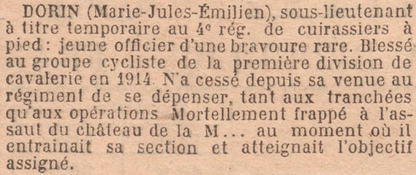 DORIN Emilien Citation Armee JO 1 Octobrei 1917