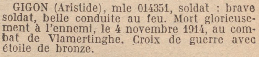 GIGON Aristide MM JO 25 Octobre 1920